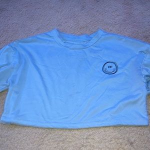 Go to sleep blue with black smiley face T-shirt is cropped from SHEIN